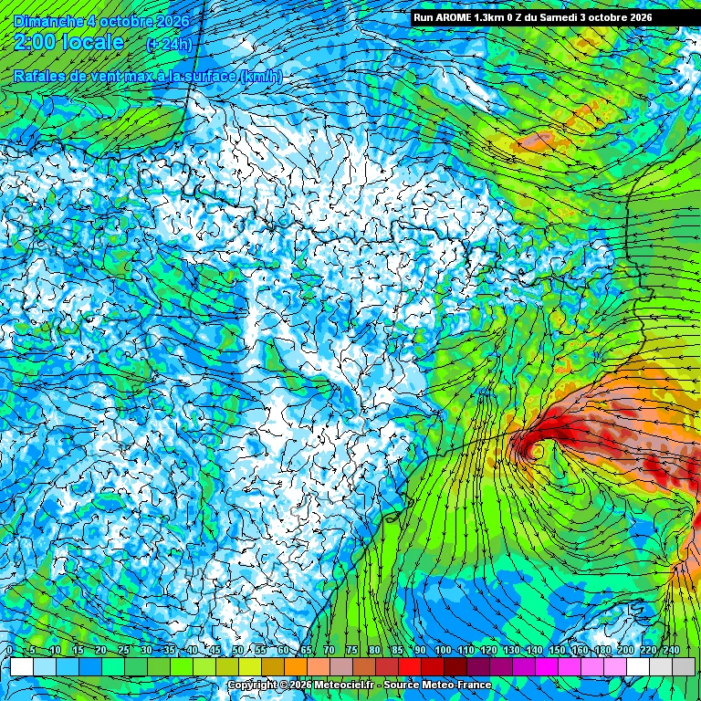 Rachas máximas previstas por AROME 1,3 km (pasada de las 00 UTC del 3 de octubre) para las 02:00 del día 4. Fuente: Meteociel / Météo-France.