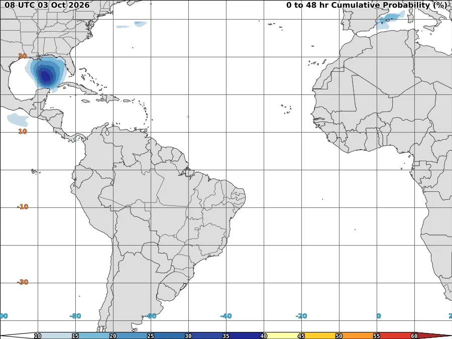 Probabilidad acumulada de formación de ciclón tropical a 0-48 horas, NOAA (08 UTC del 3 de octubre).